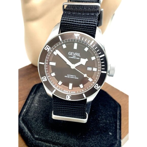 Gevril Men's Watch 48607N Yorkville Swiss Automatic Brown Dial Diver Nylon 43mm - Picture 1 of 14